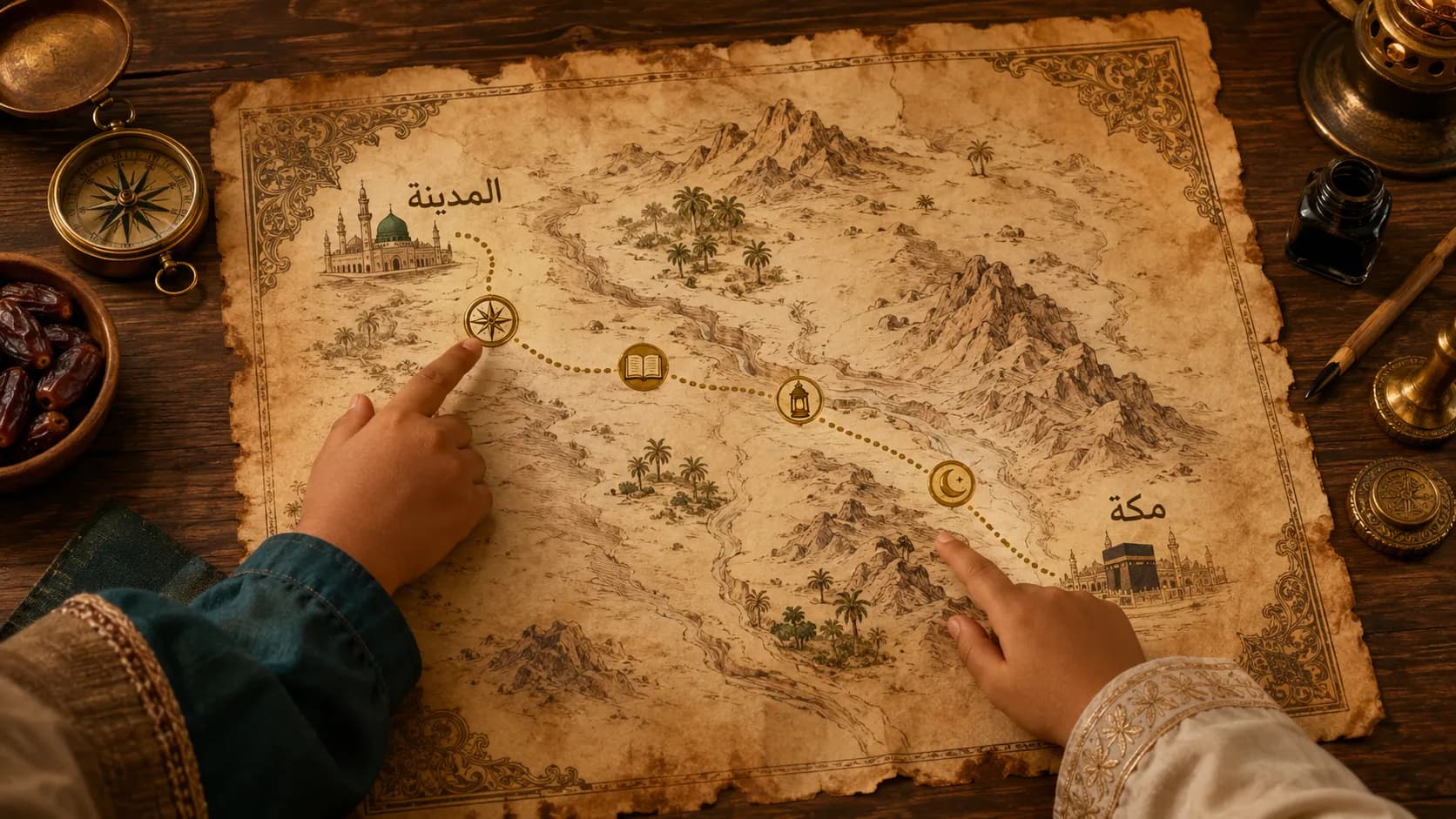 Vue aérienne de mains d'enfants sur une carte ancienne